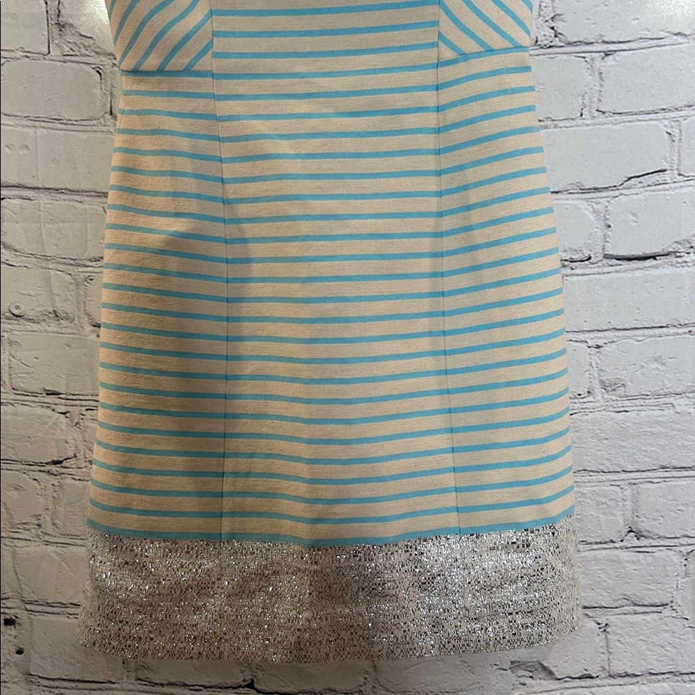 Lilly Pulitzer Blue & Ivory Striped Metallic Silver Trim Strapless Dress Size 0 - Picture 4 of 9